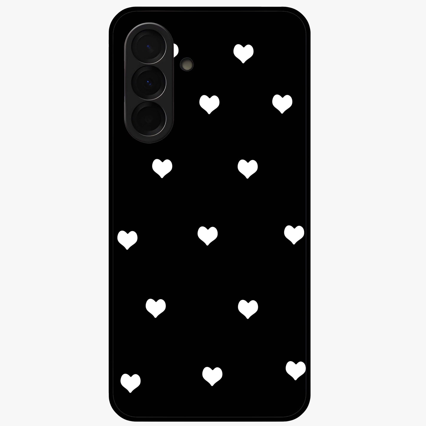 Cute And Simple White Hearts Glass Case showing flat back view with minimal white heart pattern and glossy glass finish.