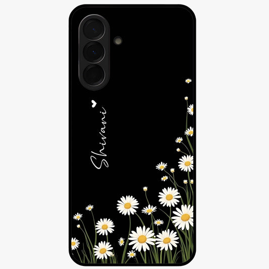 Daisy Cascade Custom Name Glass Case showing flat back view with cascading daisy flowers and personalized name design.