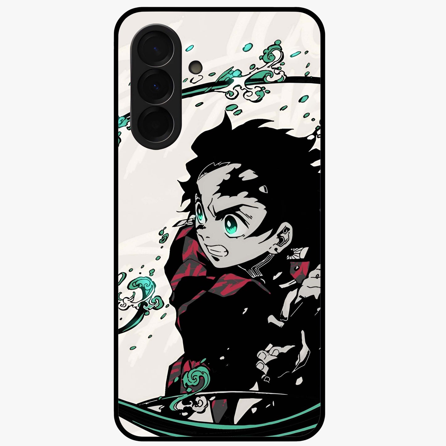 Demon Slayer Glass Case showing flat back view with bold anime inspired artwork and glossy glass finish.