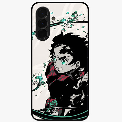 Demon Slayer Glass Case showing flat back view with bold anime inspired artwork and glossy glass finish.