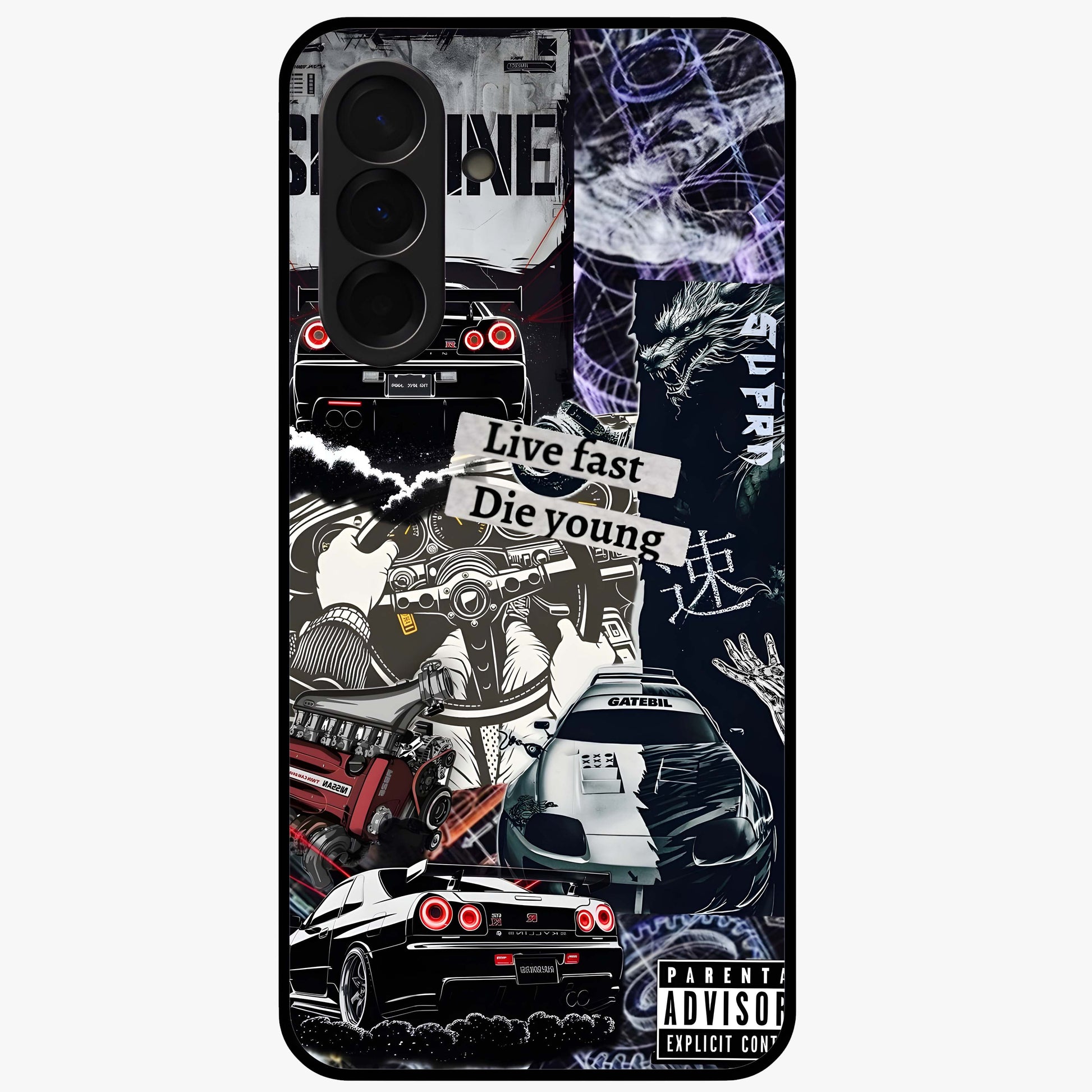 Die Young Glass Case showing flat back view with bold artistic typography design and glossy glass finish.
