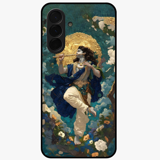 Divine Krishna Art Glass Case showing flat back view with Lord Krishna artwork and glossy glass finish.