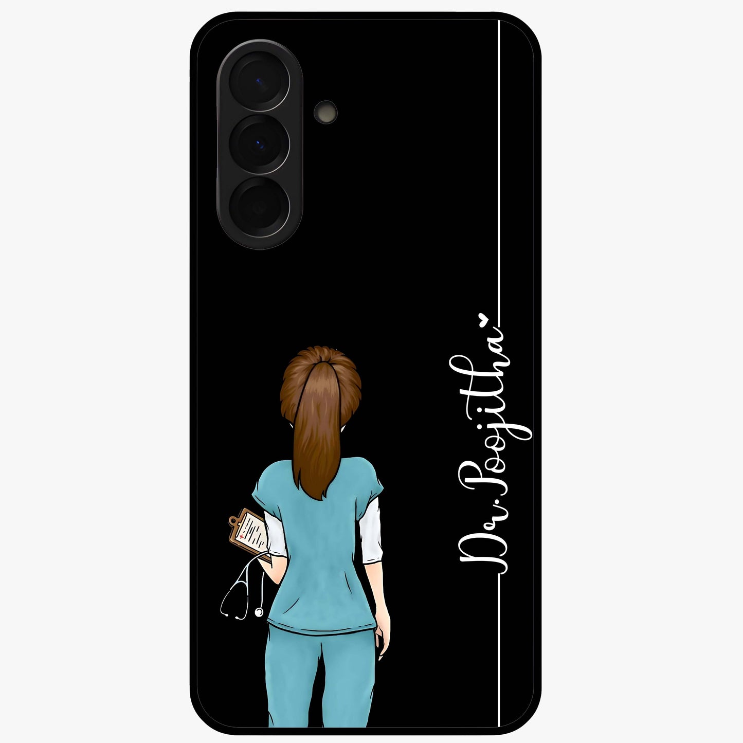 Doctor Pattern Custom Name Glass Case showing flat back view with medical themed pattern and personalized name design.