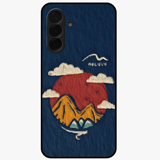 Dream Beyond Mountains Glass Case showing flat back view with scenic mountain landscape artwork and glossy glass finish.