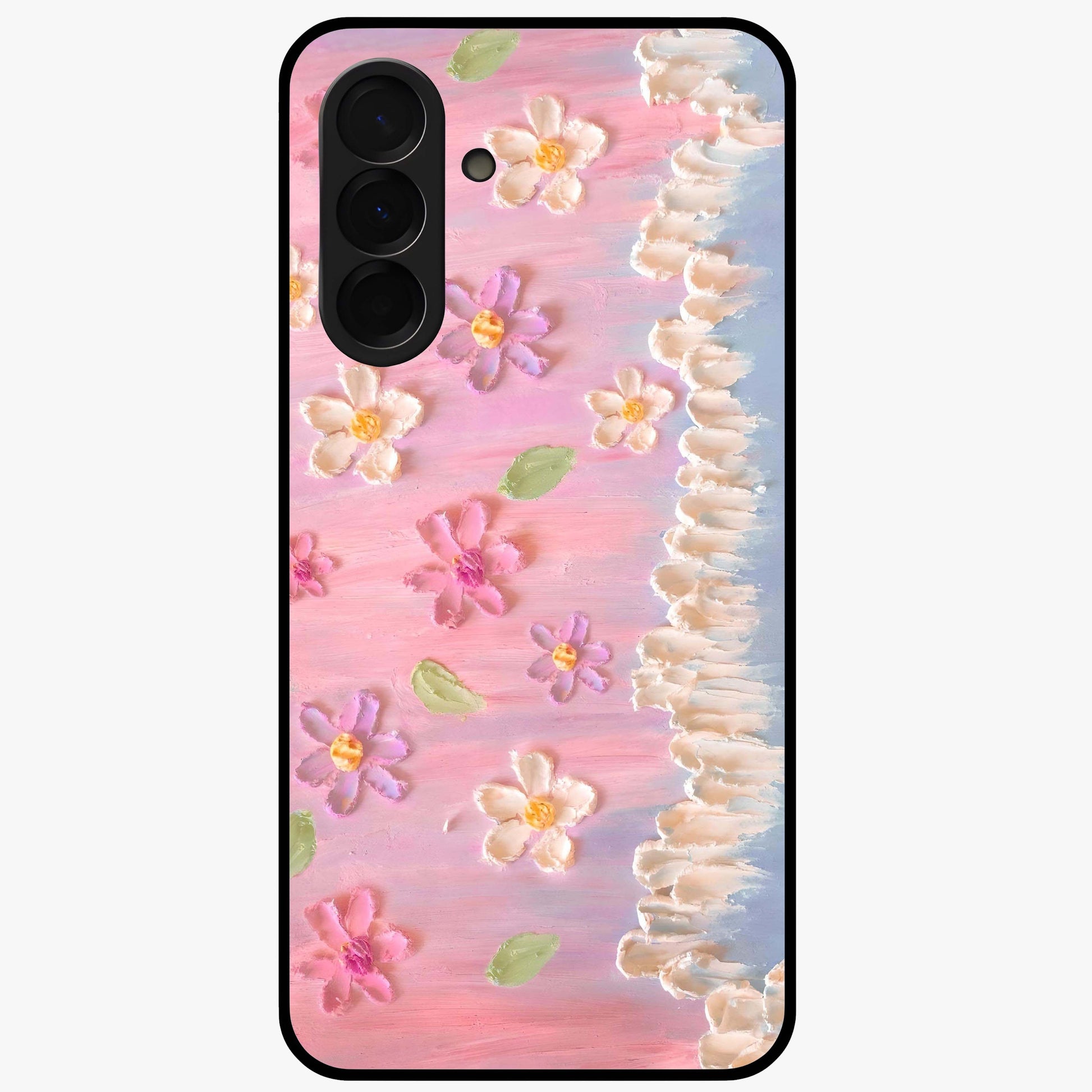 Dreamy Painted Garden Glass Case showing flat back view with artistic painted floral garden artwork and glossy glass finish.