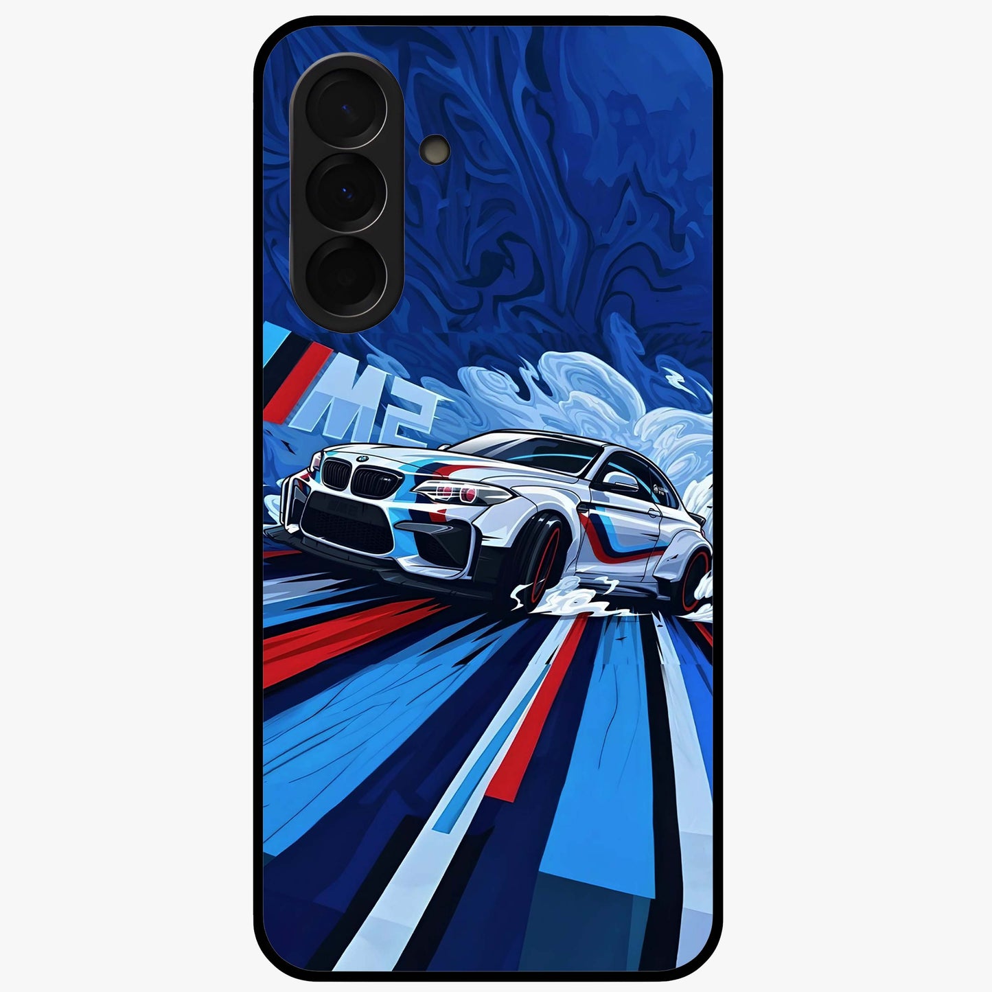 Drift Power Rush Glass Case showing flat back view with dynamic racing inspired artwork and glossy glass finish.