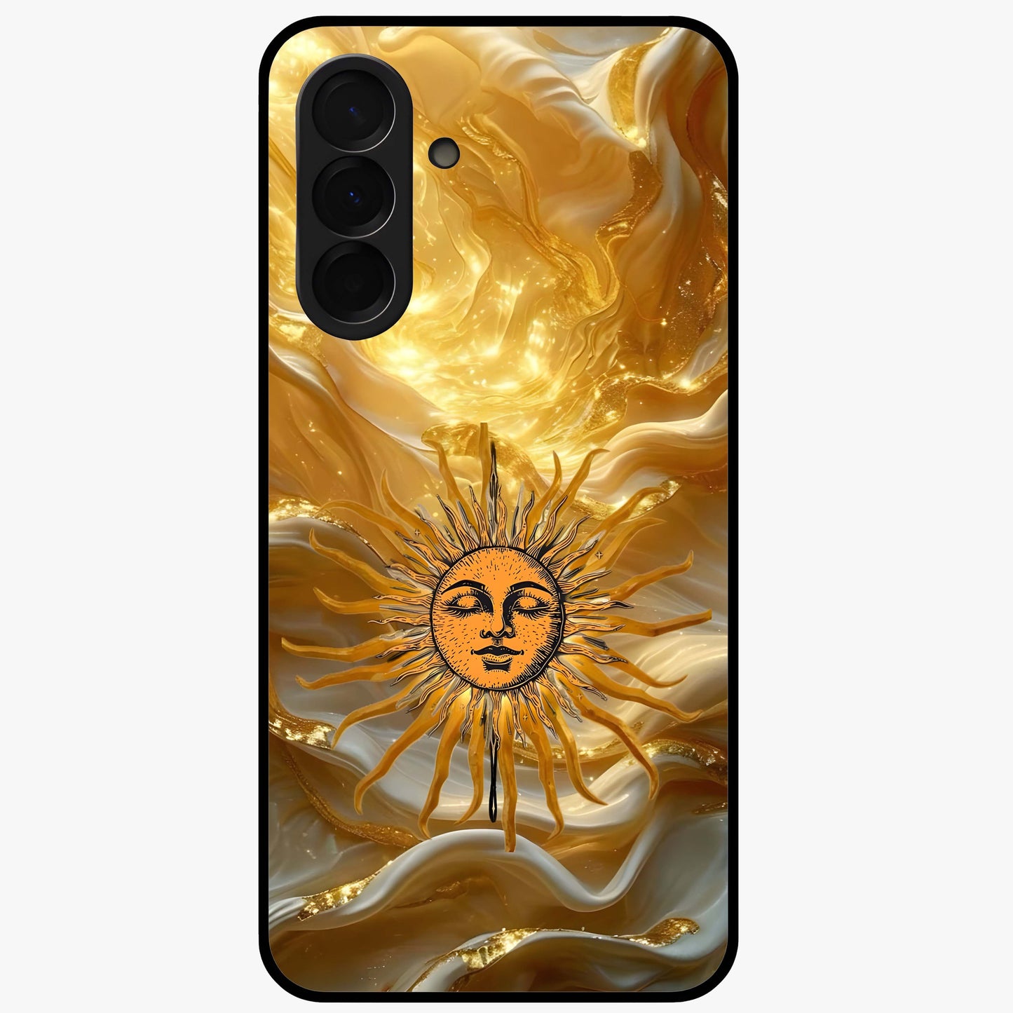 Eternal Golden Glow Glass Case showing flat back view with radiant golden themed artwork and glossy glass finish.