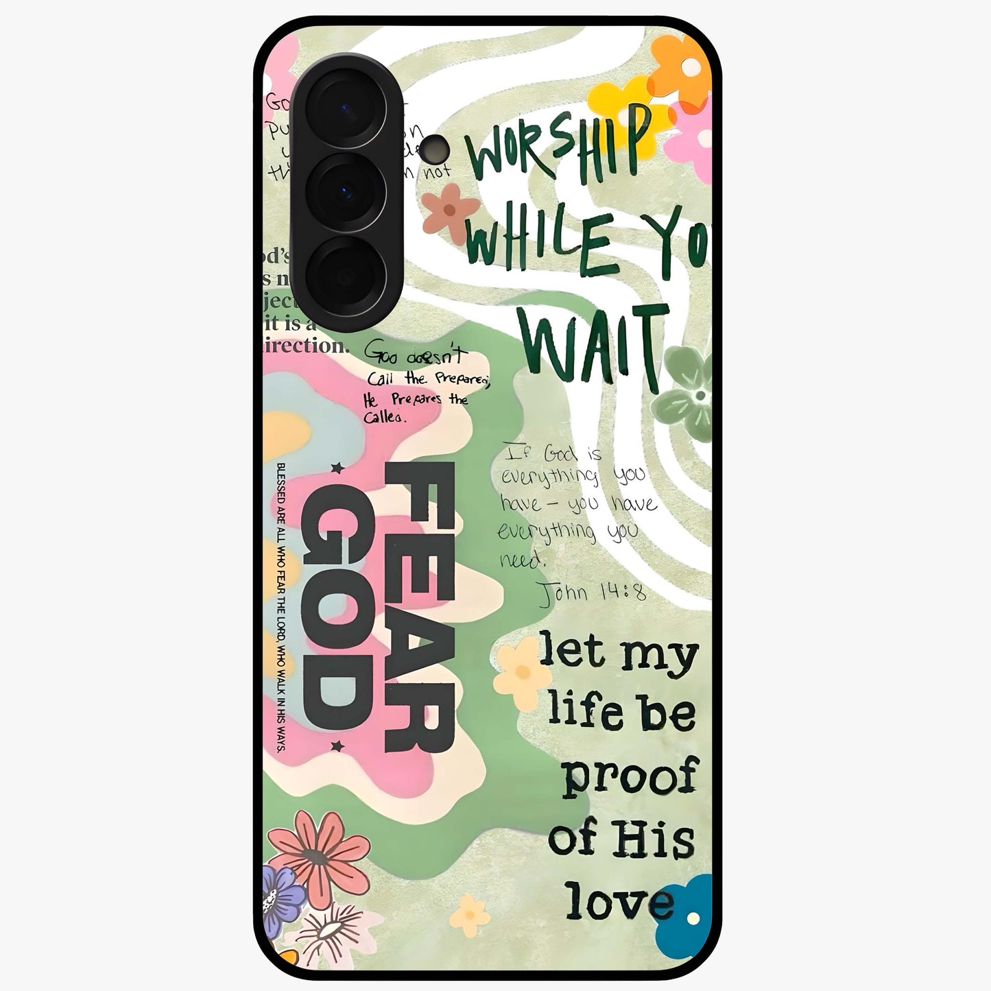 Faith Over Fear Glass Case showing flat back view with motivational typography artwork and glossy glass finish.
