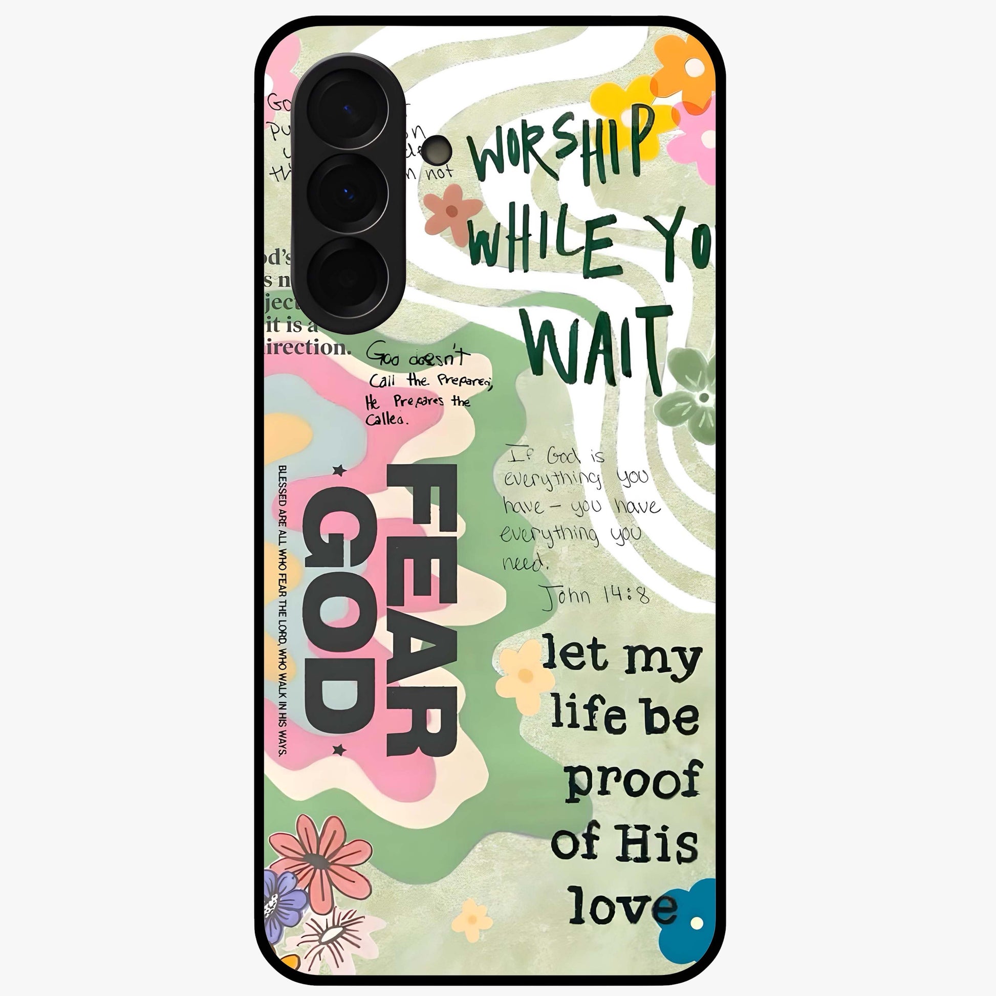 Faith Over Fear Glass Case showing flat back view with motivational typography artwork and glossy glass finish.