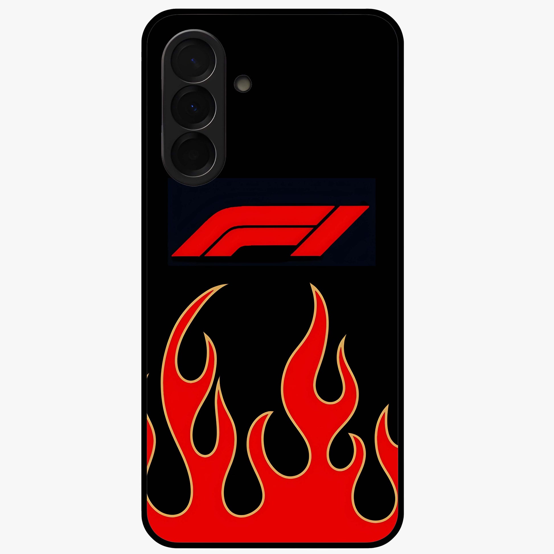 Fire F11 Glass Case showing flat back view with fiery themed artwork and glossy glass finish.