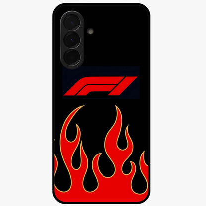 Fire F11 Glass Case showing flat back view with fiery themed artwork and glossy glass finish.