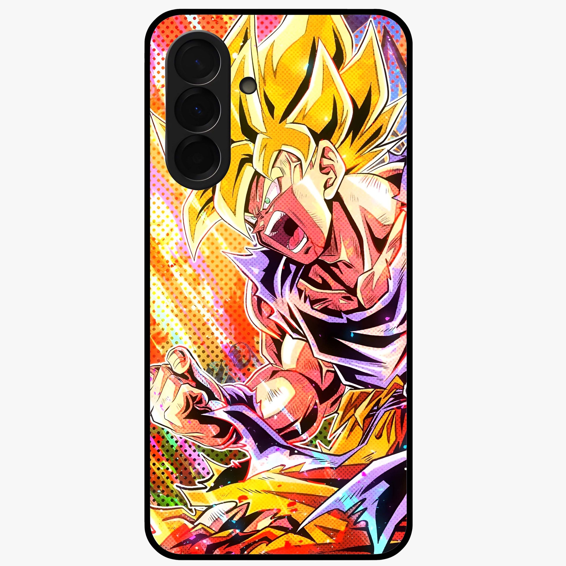 Firing Goku Glass Case showing flat back view with powerful anime inspired artwork and glossy glass finish.