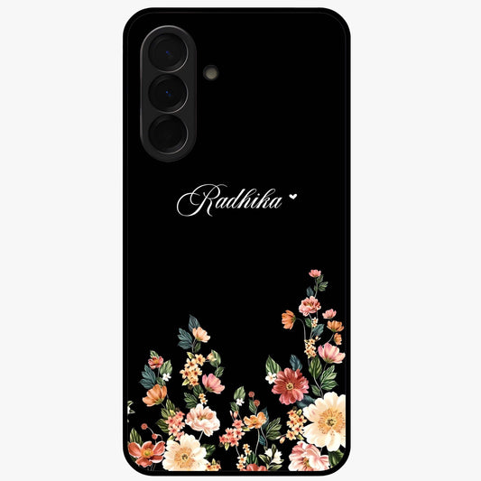 Floral Design With a Custom Personalized Name Glass Case showing flat back view with floral artwork and personalized name design.