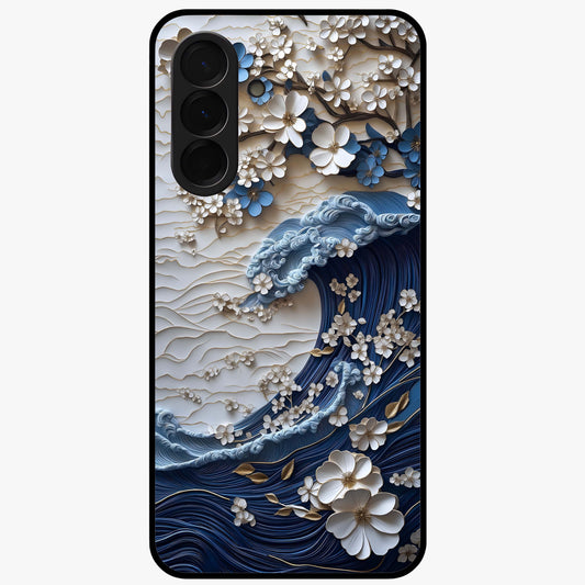 Floral Wave Origami Glass Case showing flat back view with origami inspired floral wave artwork and glossy glass finish.