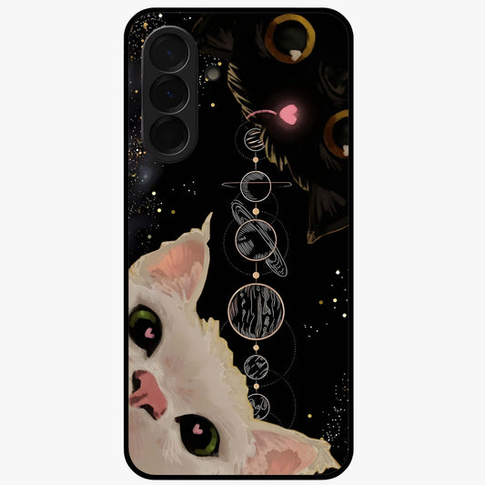 Galactic Cat Glass Case showing flat back view with cosmic cat artwork and glossy glass finish.