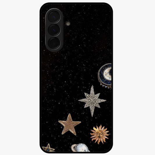 Galactic Charm Glow Glass Case showing flat back view with glowing celestial charm artwork and glossy glass finish.
