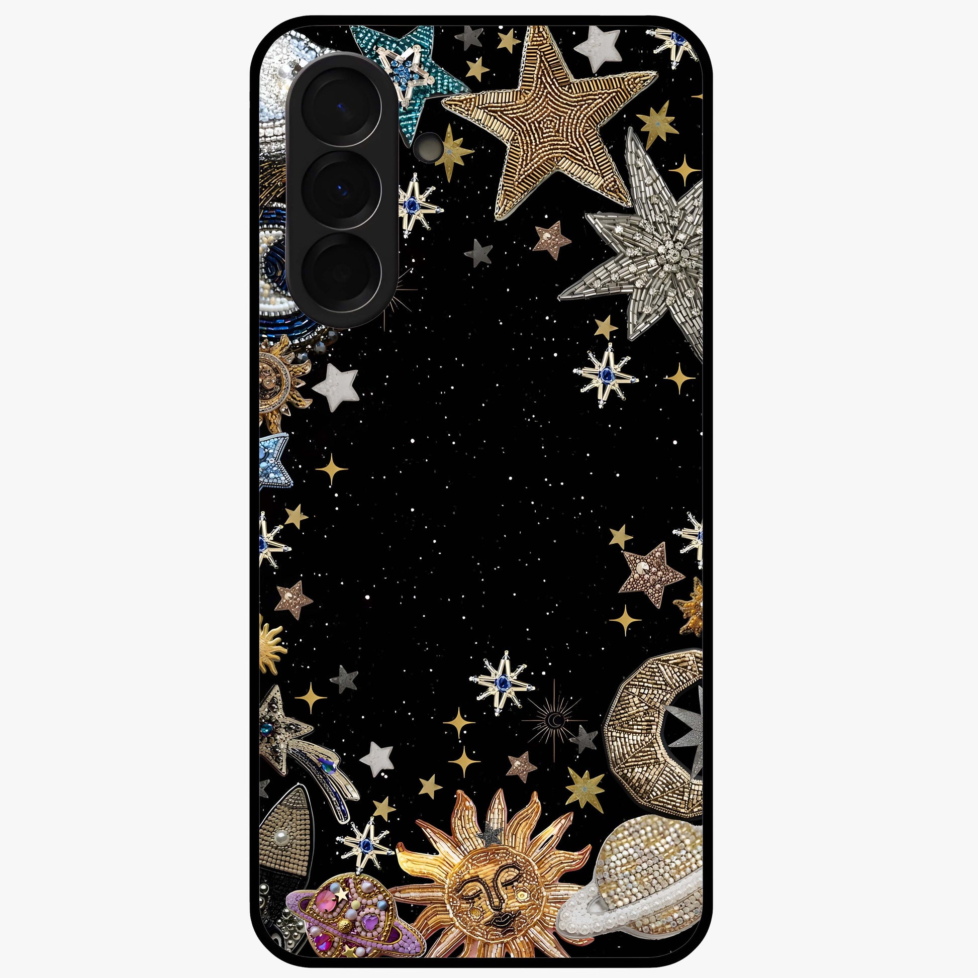 Galactic Jewel Stars Glass Case showing flat back view with sparkling star jewel artwork and glossy glass finish.