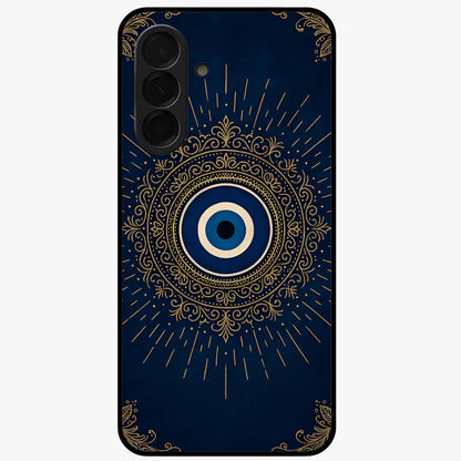 Golden Evil Eye Mandala Glass Case showing flat back view with intricate evil eye mandala artwork and glossy glass finish.