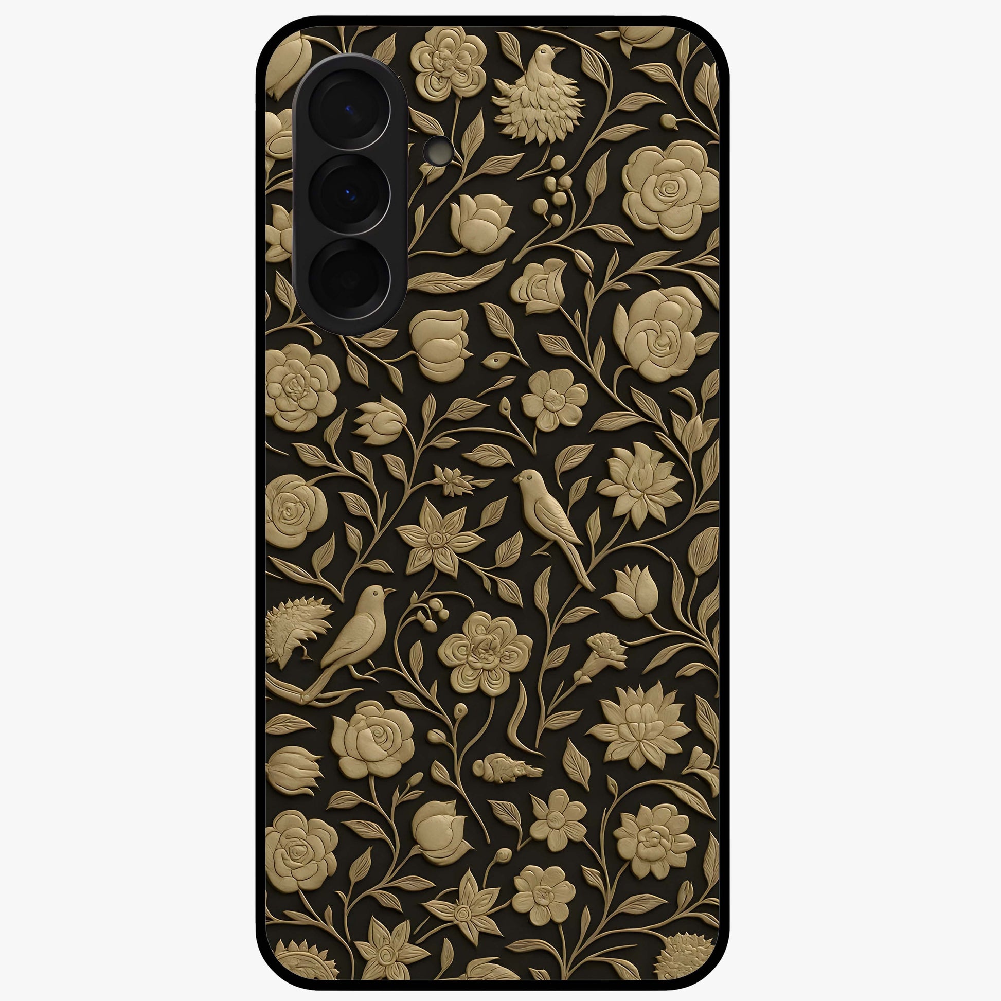 Golden Floral Majesty Glass Case showing flat back view with luxurious golden floral artwork and glossy glass finish.