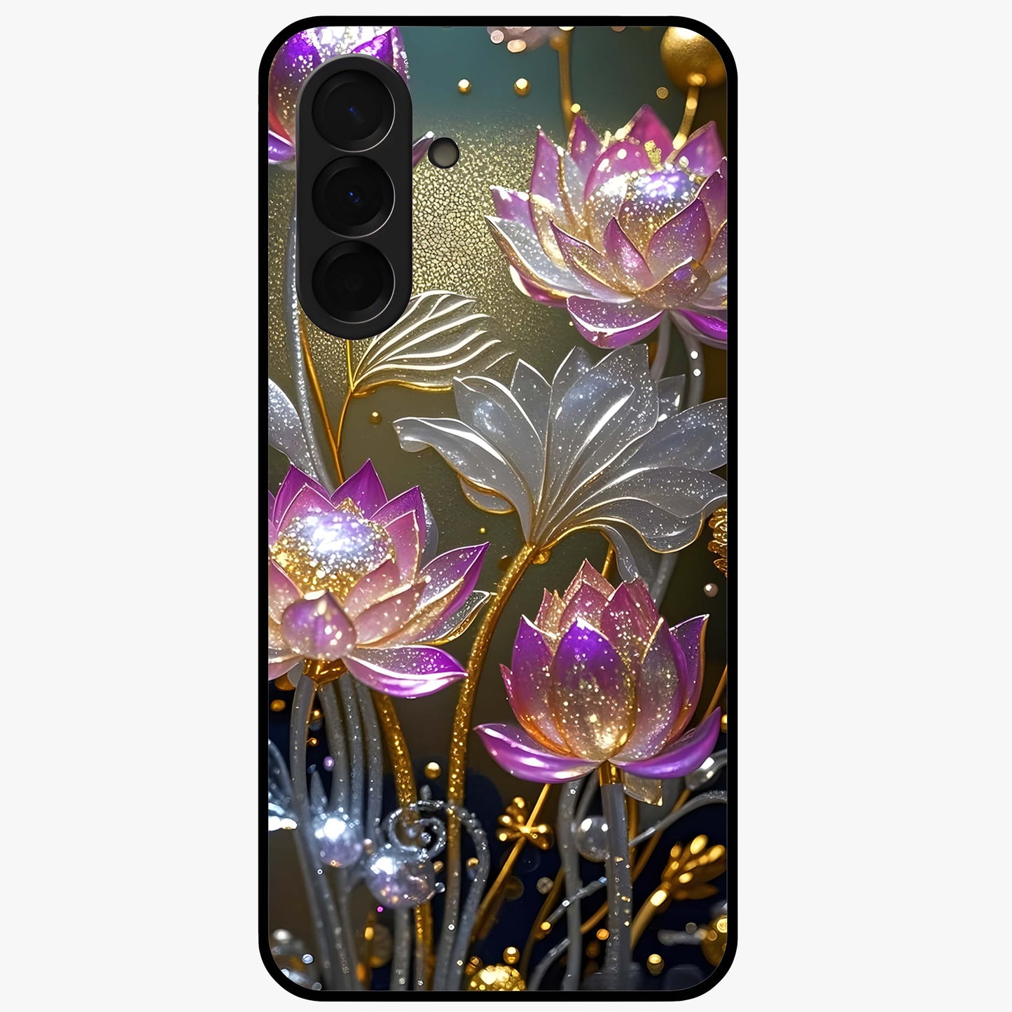 Golden Lotus Glow Glass Case showing flat back view with glowing lotus flower artwork and glossy glass finish.