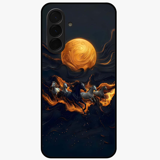 Golden Stallion Moonride Glass Case showing flat back view with majestic horse under moonlight artwork and glossy glass finish.