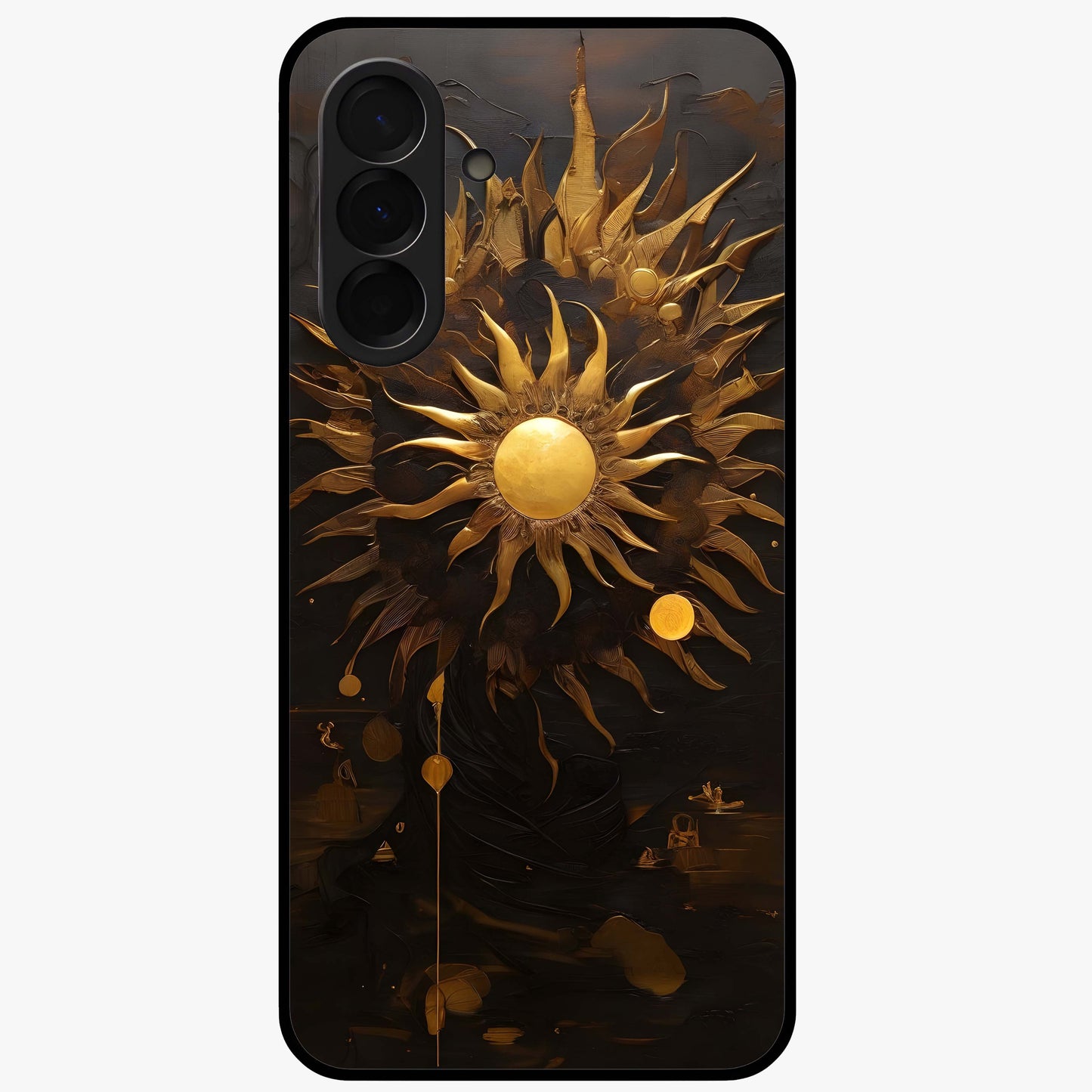 Golden Sun Majesty Glass Case showing flat back view with radiant golden sun artwork and glossy glass finish.