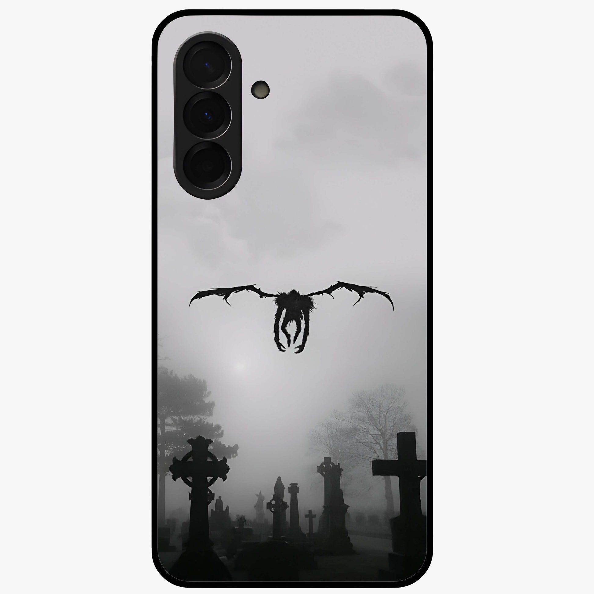 Graveyard Shadow Descent Glass Case showing flat back view with dark graveyard themed artwork and glossy glass finish.