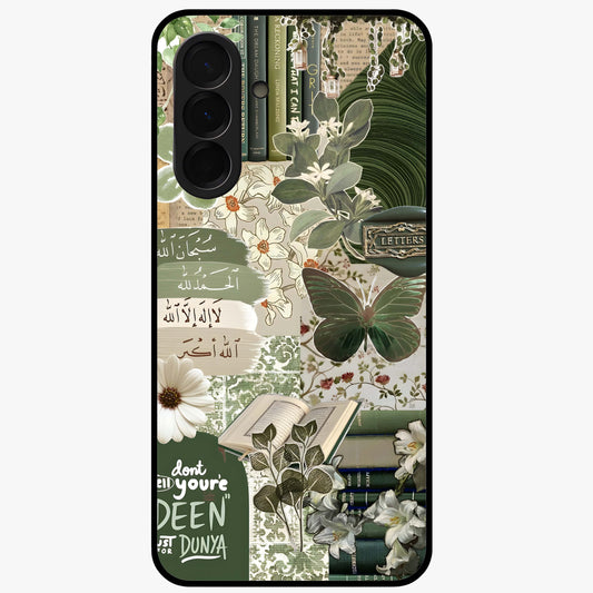 Green Islamic Books Quotes Glass Case showing flat back view with Islamic quotes and book themed artwork and glossy glass finish.