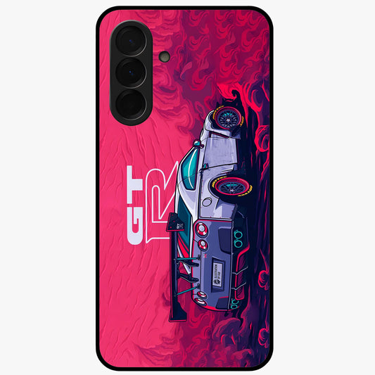 GT-R Car Pattern Glass Case showing flat back view with sporty car inspired pattern artwork and glossy glass finish.