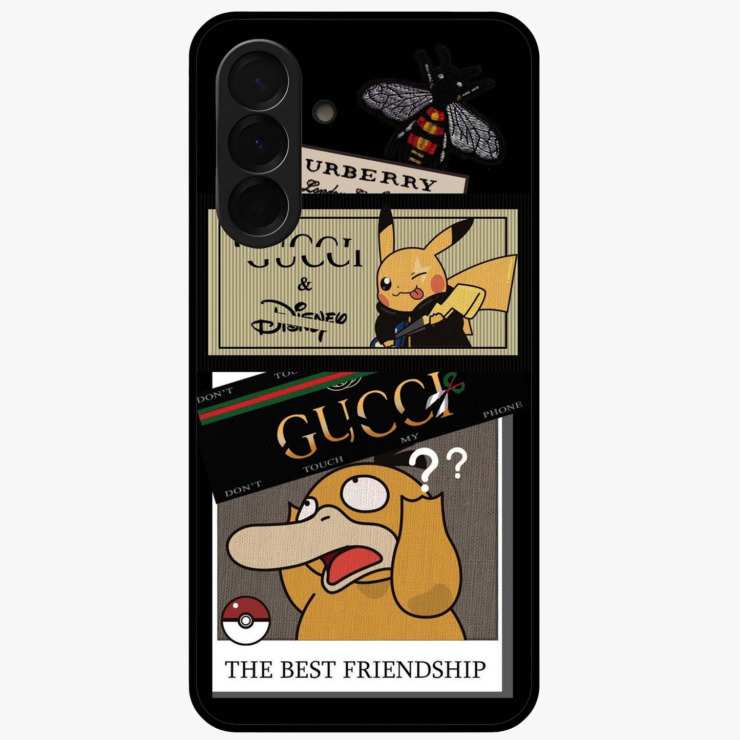 Gucci Play Mashup Glass Case showing flat back view with luxury inspired graphic artwork and glossy glass finish.