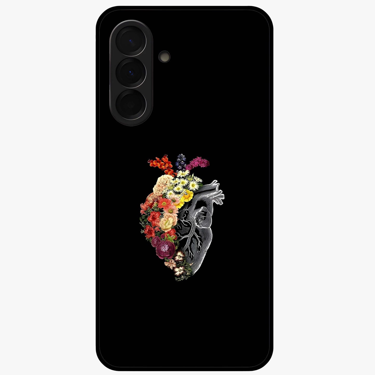 Heart With Flowers Glass Case showing flat back view with heart shaped floral artwork and glossy glass finish.