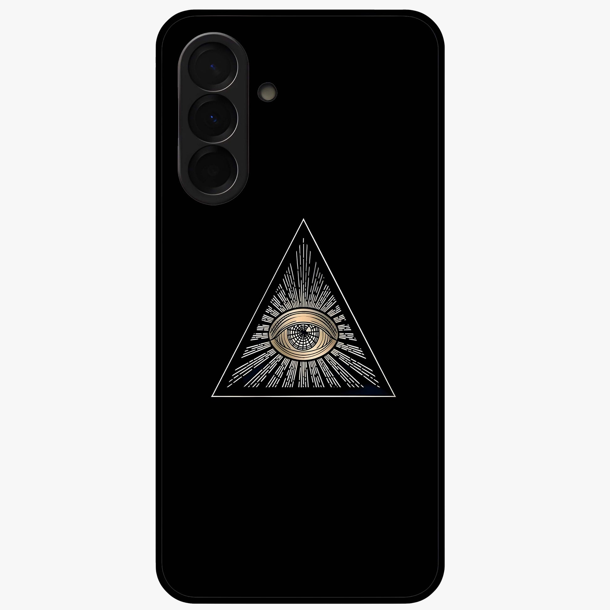 Illuminati Evil Glass Case showing flat back view with mysterious illuminati symbol artwork and glossy glass finish.