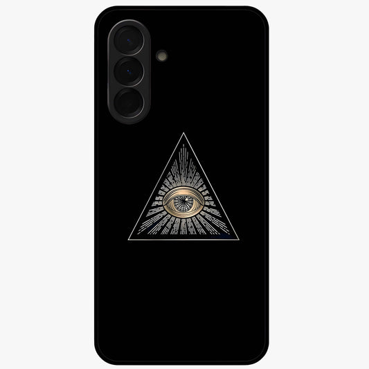 Illuminati Evil Glass Case showing flat back view with mysterious illuminati symbol artwork and glossy glass finish.