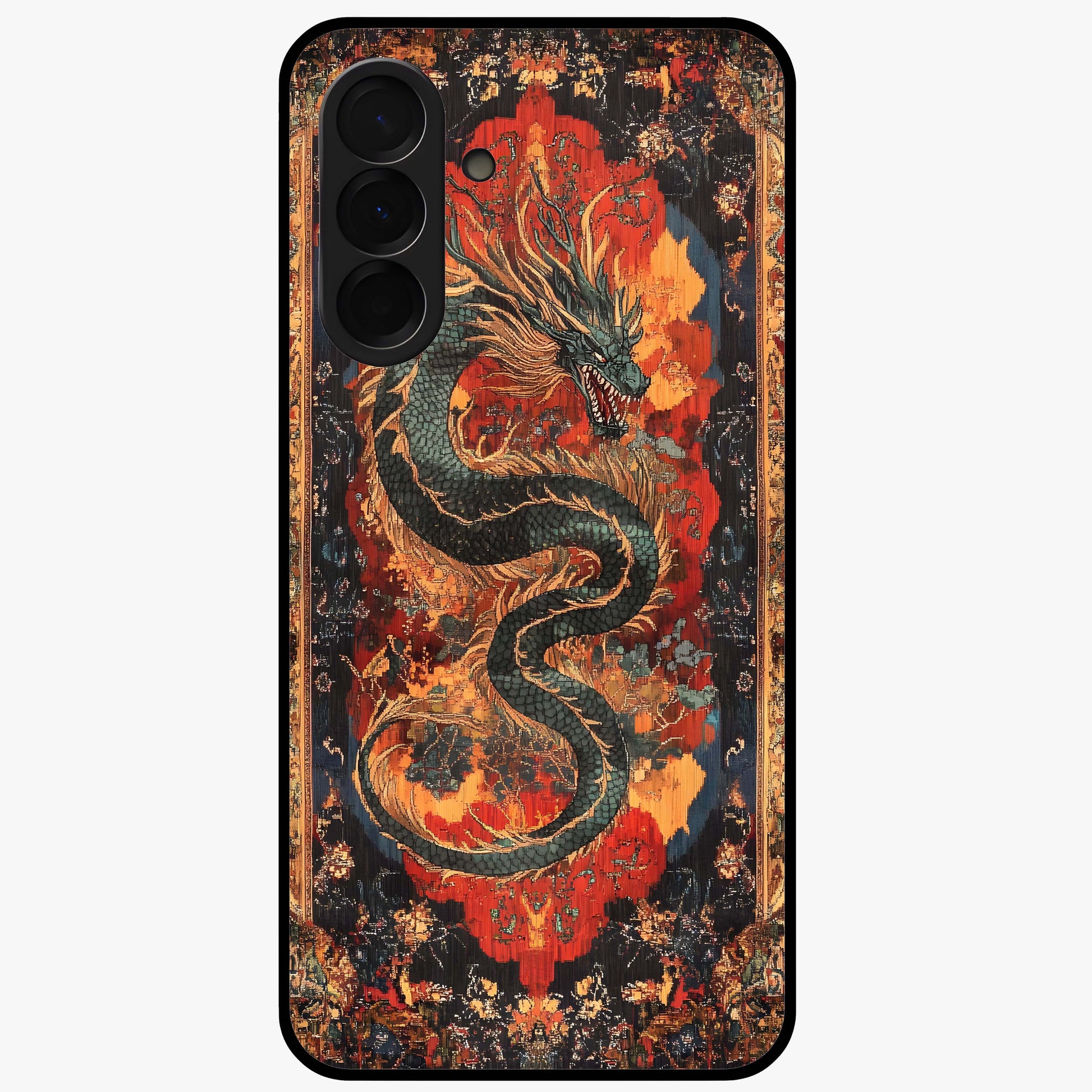 Inferno Dragon Soul Glass Case showing flat back view with fiery dragon artwork and glossy glass finish.