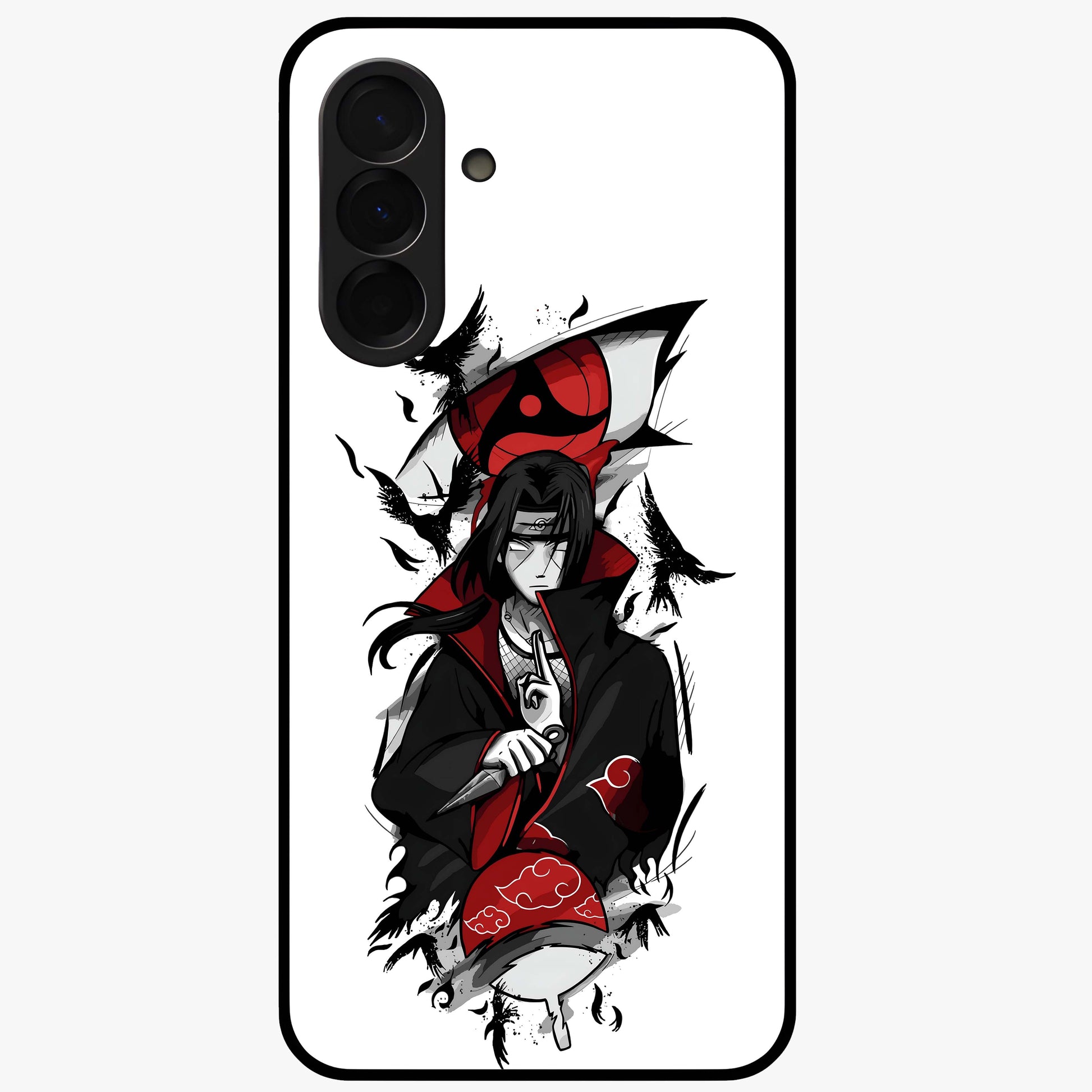 Itachi Sharingan Glass Case showing flat back view with powerful anime eye artwork and glossy glass finish.