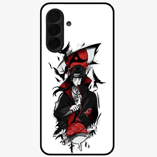 Itachi Sharingan Glass Case showing flat back view with powerful anime eye artwork and glossy glass finish.