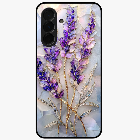 Lavender Dream Glow Glass Case showing flat back view with glowing lavender aesthetic artwork and glossy glass finish.