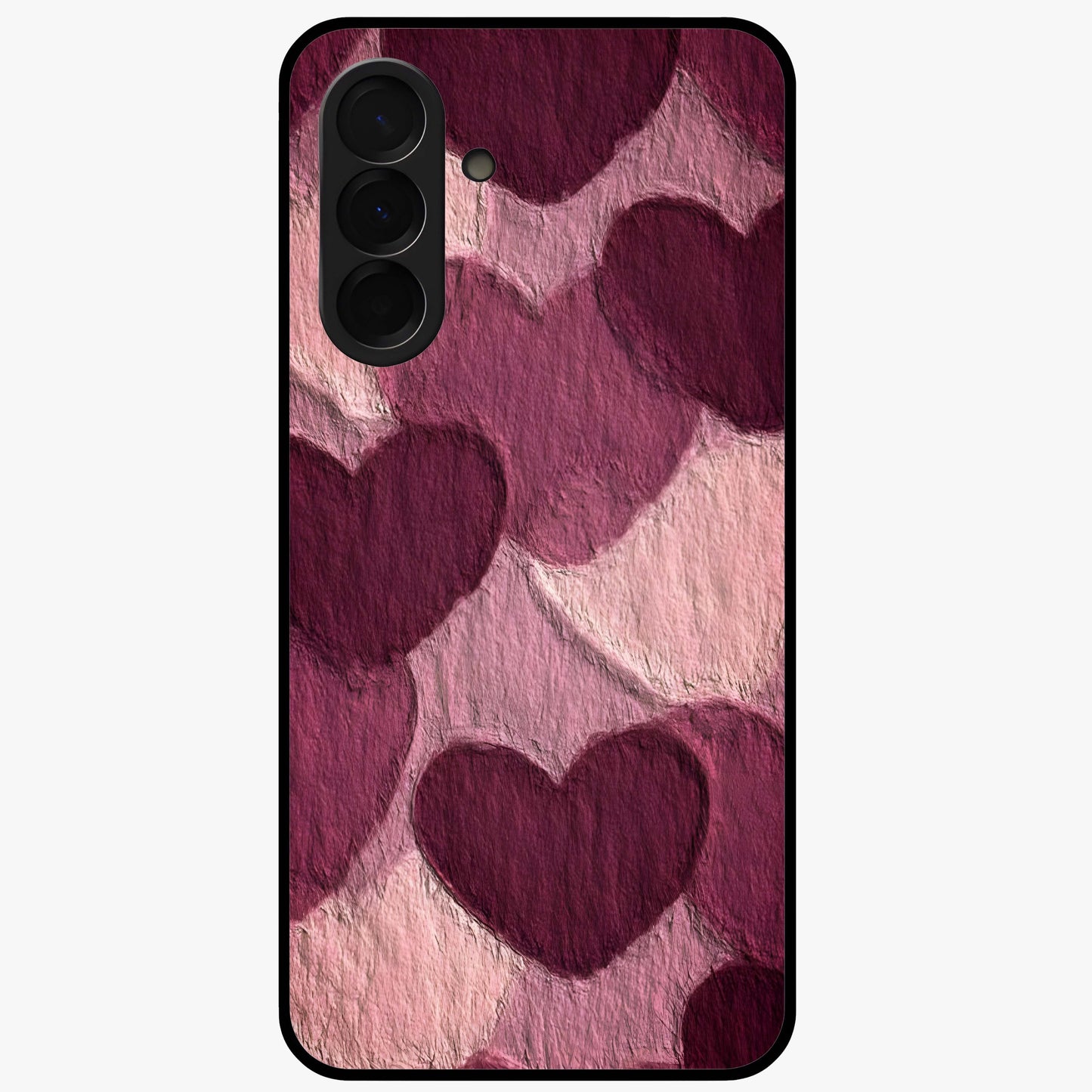 Layered Paper Hearts Glass Case showing flat back view with layered paper heart artwork and glossy glass finish.