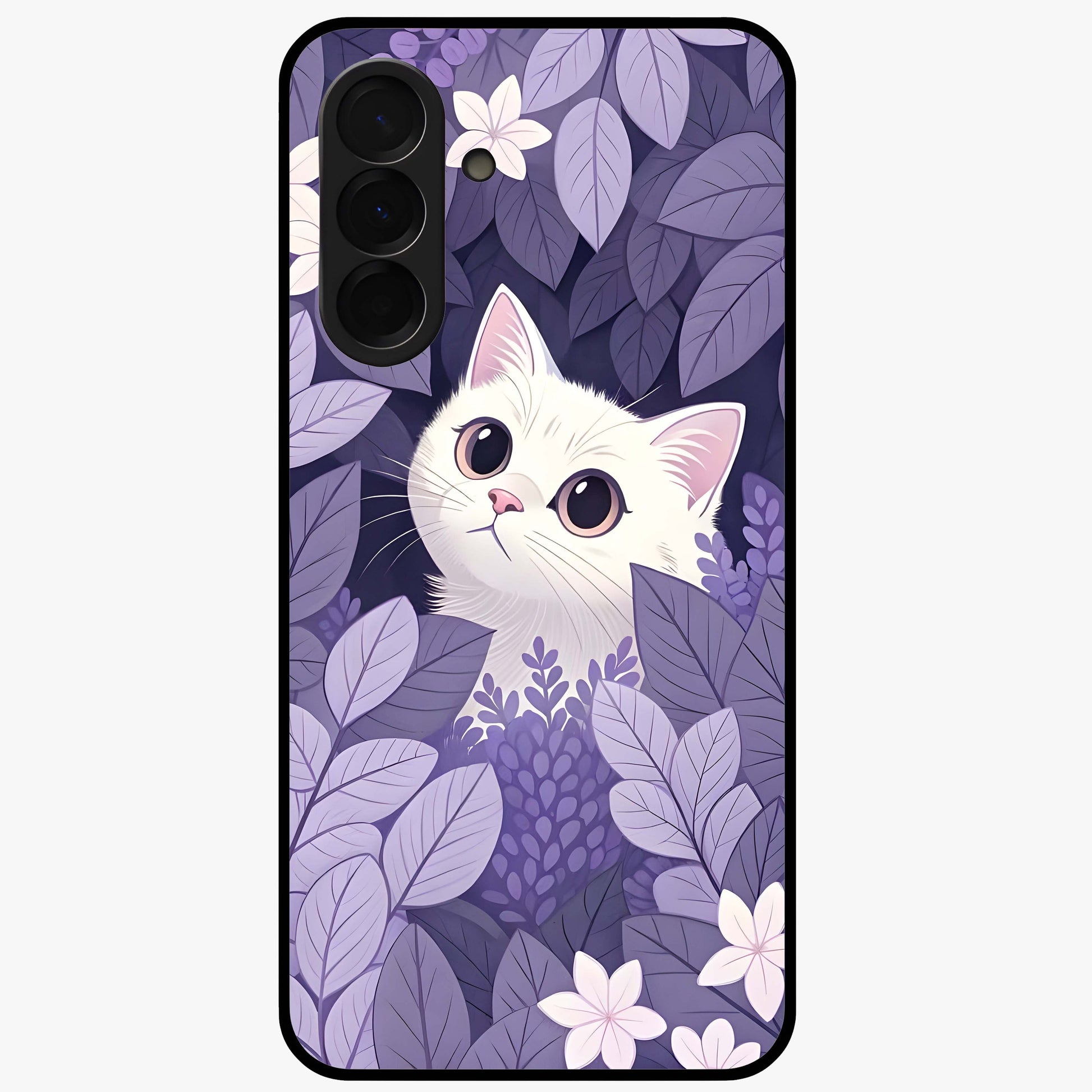 Lilac Hide Peek Cat Glass Case showing flat back view with cute peeking cat artwork and glossy glass finish.