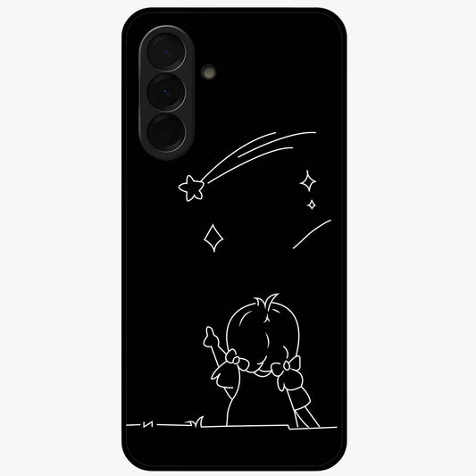 Line Art Girl With Shooting Stars Glass Case showing flat back view with minimal line art girl and shooting stars illustration and glossy glass finish.