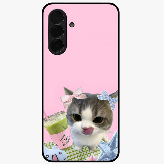 Love Matcha Cat Glass Case showing flat back view with cute cat and matcha themed artwork and glossy glass finish.