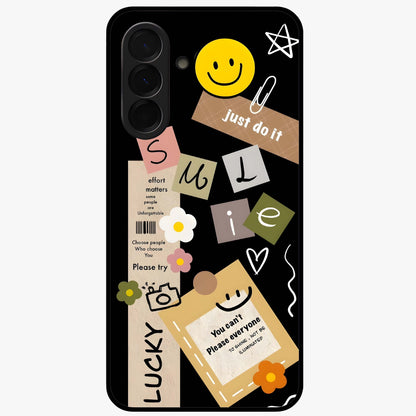 Lucky Aesthetic Collage Glass Case showing flat back view with trendy aesthetic collage artwork and glossy glass finish.