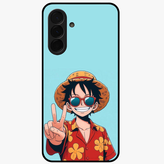 Luffy Summer Anime Vibe Glass Case showing flat back view with vibrant anime character artwork and glossy glass finish.