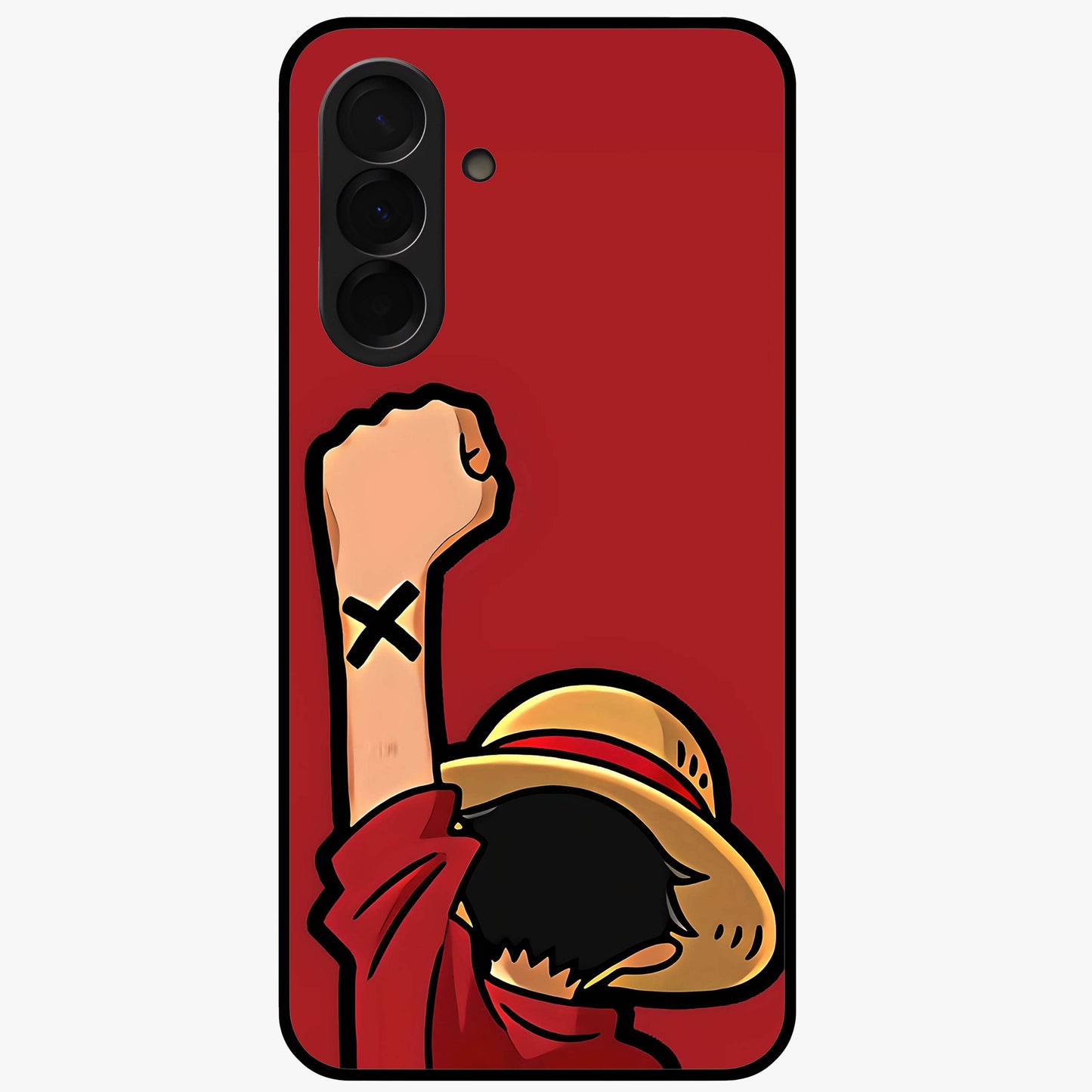 Luffy X Spirit Glass Case showing flat back view with bold anime character artwork and glossy glass finish.