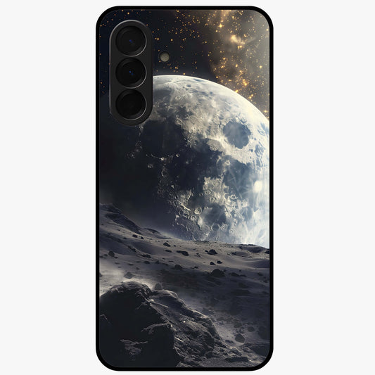 Lunar Horizon Glow Glass Case showing flat back view with glowing moon horizon artwork and glossy glass finish.