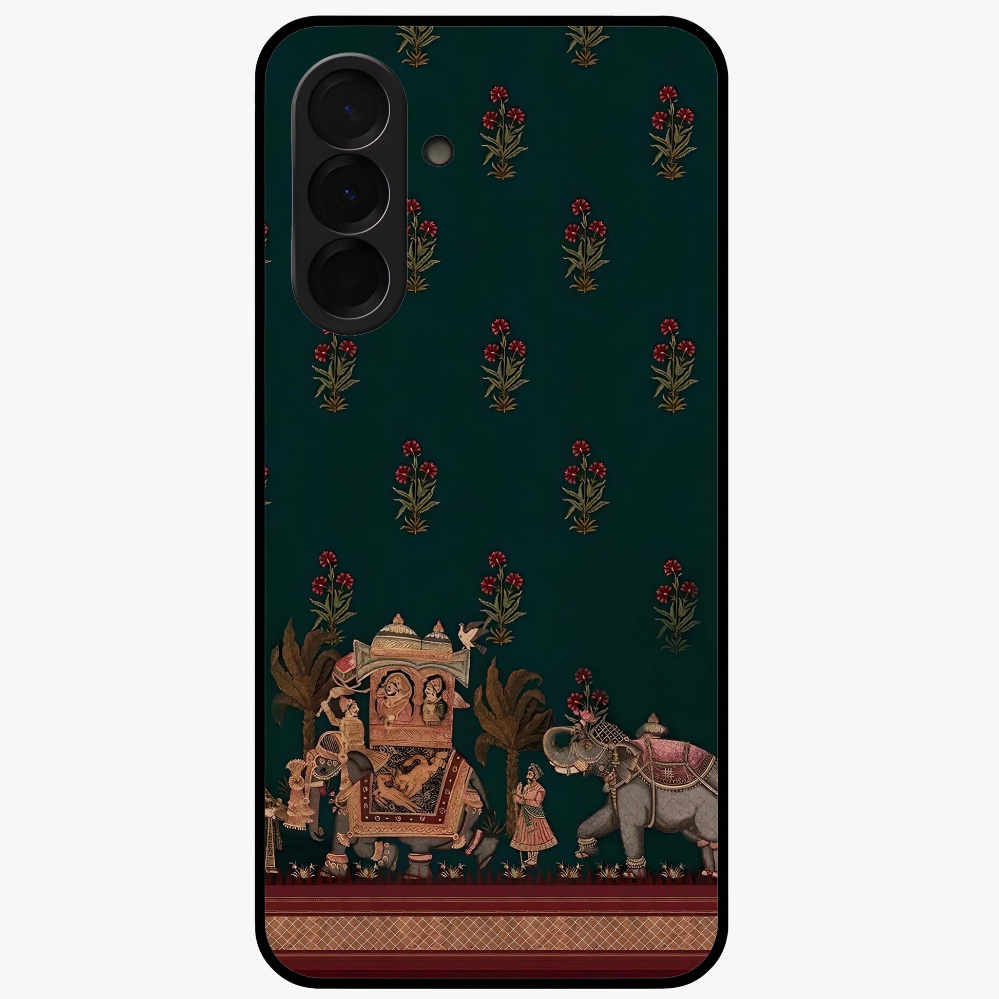 Macmerise Glass Case showing flat back view with stylish modern artwork and glossy glass finish.