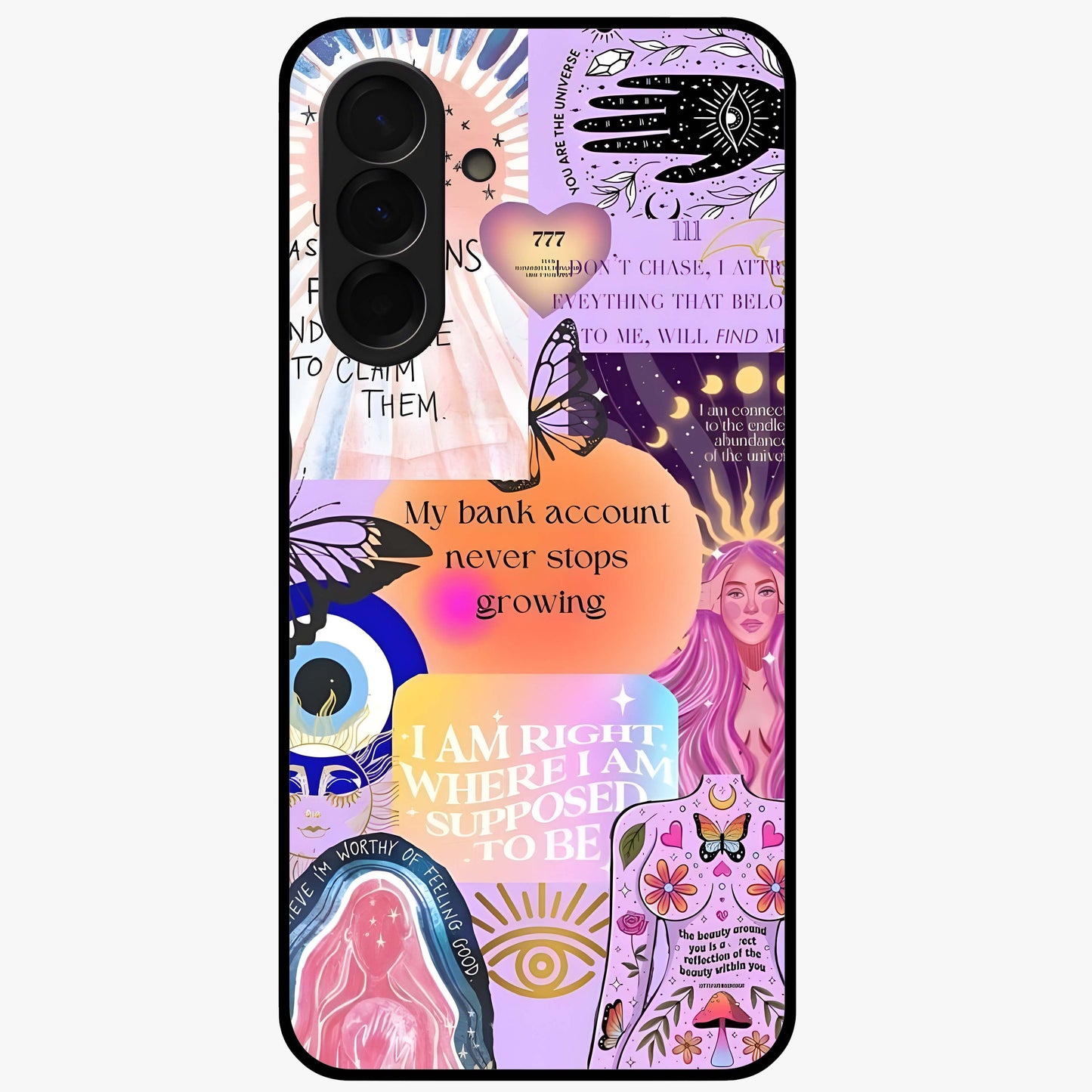 Manifestation Collage Glass Case showing flat back view with motivational collage artwork and glossy glass finish.