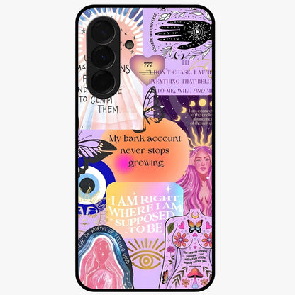 Manifestation Collage Glass Case showing flat back view with motivational collage artwork and glossy glass finish.