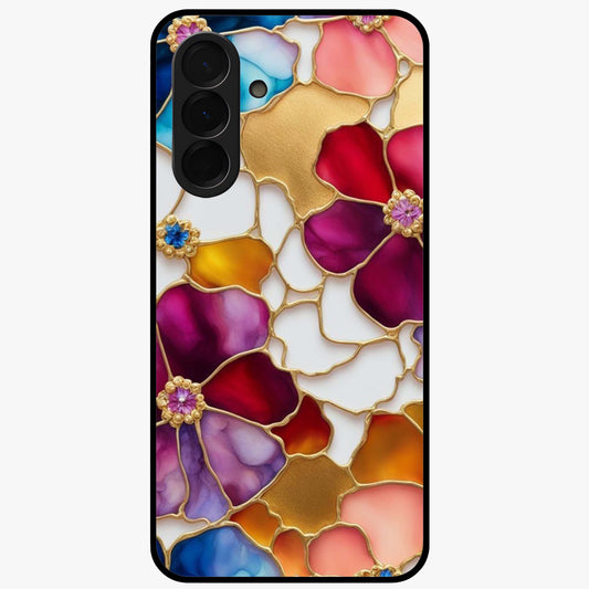 Marble Flower Pattern Glass Case showing flat back view with marble texture floral artwork and glossy glass finish.