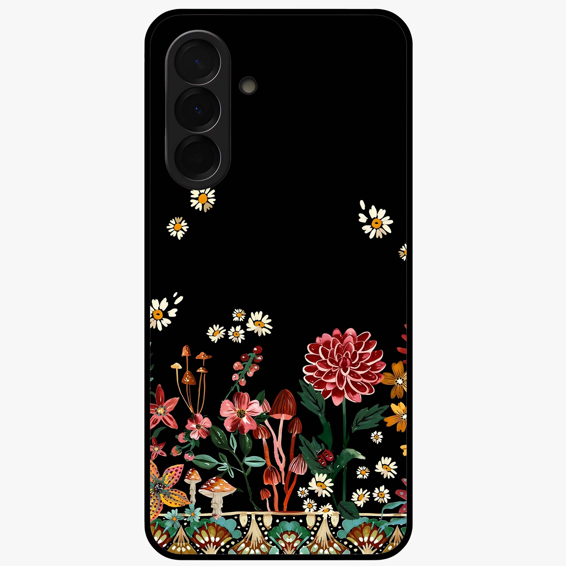Midnight Bloom Pattern Glass Case showing flat back view with dark floral pattern artwork and glossy glass finish.